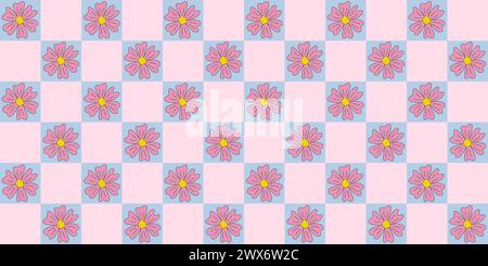 Nahtloses Muster mit Wiese oder Gänseblümchen Blumen, auf kariertem rosa und blauem Hintergrund, Kritzelstil Vektorillustration Stock Vektor