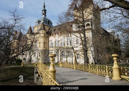 Vajdahunyad Castle im Stadtpark, Blick über die Eiserne Fußbrücke. Stockfoto