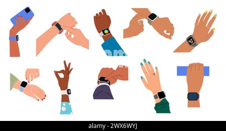 Verschiedene Hände, die eine Smart Watch am Handgelenk tragen. Stock Vektor