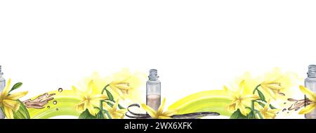 Nahtlose Border Vanilleblüten und ätherisches Öl. Handgezeichnetes Blumenaquarell Illustration von Orchideen. Skizzenrand für Restaurantmenü, Geschenkgutscheine Stockfoto