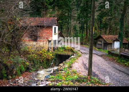 Eine charmante Dorfstraße führt vorbei an einem winzigen Haus und schafft eine malerische Landschaft mit ländlicher Einfachheit und idyllischem Leben auf der Landschaft. Stockfoto