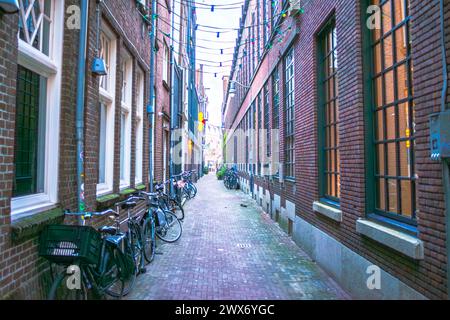 Amsterdams Gebäude und Straßen verbinden malerische Kanäle, historische Architektur und pulsierendes urbanes Leben und schaffen so ein bezauberndes und ikonisches Stadtbild. Stockfoto