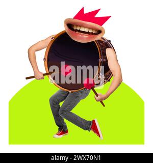 Poster. Zeitgenössische Kunstcollage. Musikinstrument. Trommeln mit Lippen und Beinen tanzen und laut singen. Stockfoto