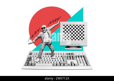 Kreative zusammengesetzte Fotocollage von älteren Männern, die auf Tastatur tanzt Lernen Sie moderne Technologie isoliert auf weißem Hintergrund Stockfoto
