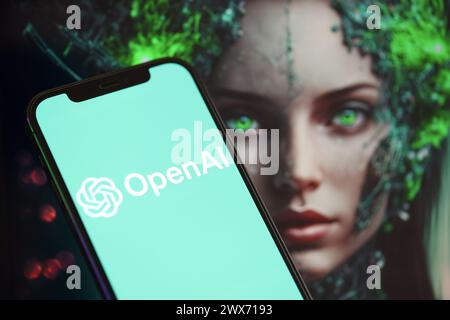 KIEW, UKRAINE - 17. MÄRZ 2024 OpenAI-Logo auf dem iPhone-Display mit Hintergrund der künstlichen Intelligenz futuristischen Ai-generierten Bild Nahaufnahme Stockfoto
