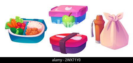 Schulbrotdose und Tasche mit Abendessen. Zeichentrickvektor-Illustration Set von gesundem Essen Kit in Kunststoff-Lunchbox und Getränk in der Flasche. Behälter mit Mahlzeiten, Gemüse und Obst für ein Picknick für Kinder. Stock Vektor