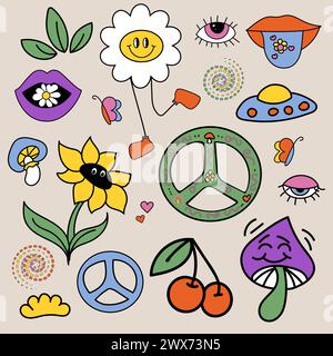 Vektorabbildung. Grooviges Hippie-Stickerset. Comic Happy Retro Aufkleber, Charaktere im trendigen Retro 60er 70er Jahre Cartoon Stil. Sammlung. Stock Vektor
