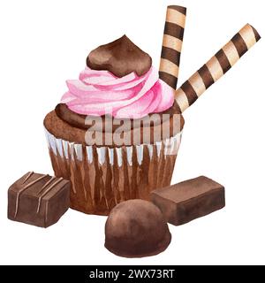 Schokoladenbrauner Cupcake mit rosa Creme und Rollstäbchen handgezeichnet in Aquarell für Postkarten, Flyer, Menüs, Etiketten isoliert auf weißem Hintergrund Stockfoto