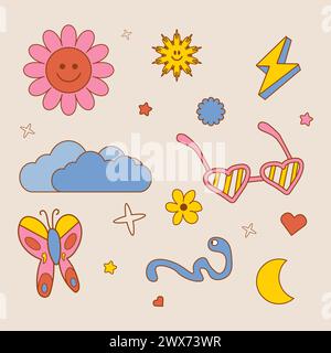 Vektorabbildung. Sammlung lustiger, farbenfroher Aufkleber, Sonne, Sonnenbrille, Wolken, Schmetterling, Mond in Zeichentrickfilm, y2k, trendiger Retro-Art-Stil. Stock Vektor