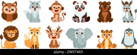 Set von niedlichen Wildtieren, einschließlich Löwe, Fuchs, Hirsch, Elefant, Tiger, pinguin, Eule, Wolf, Affe, Panda, Bär und Esel. Vektor-Kinderstil Stock Vektor