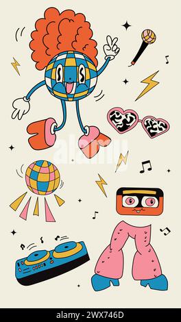 Vektorabbildung. Grooviges Hippie-Stickerset. Comic Happy Retro Aufkleber, Charaktere im trendigen Retro 60er 70er Jahre Cartoon Stil. Sammlung in Pastell Stock Vektor