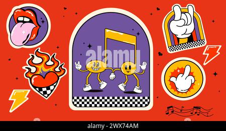 Vektor. Farbenfrohes Set mit Cartoon-Design im Retro-Look. Kollektion trendiger Vintage y2k-Sticker. Lustige, farbenfrohe Schilder mit Zitaten. Lustiger Patch Stock Vektor