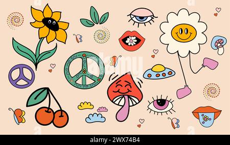 Vektorabbildung. Grooviges Hippie-Stickerset. Comic Happy Retro Aufkleber, Charaktere im trendigen Retro 60er 70er Jahre Cartoon Stil. Trendiges Vintage-Set Stock Vektor