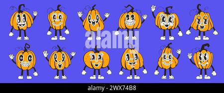 Set aus Kürbisfiguren, orange, im Retro-Zeichentrickstil. Squash-Charaktere im Stil der 90er Jahre. Herbst-Thanksgiving und halloween-Kürbiskollektion Stock Vektor
