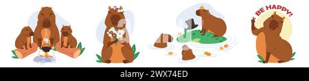 Niedliche Capybara-Tierfiguren mit verschiedenen Aktivitäten Stock Vektor