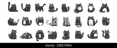 Große Gruppe schwarzer Katzen im Linolschnitt-Stil. Süße, lustige, flauschige Katzen. Perfekt für alle, die die süße und skurrile Seite des Katzencharms zu schätzen wissen. Vektor Stock Vektor