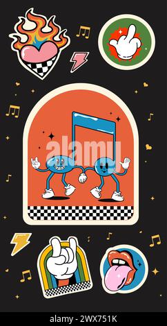Vektor. Farbenfrohes Set mit Cartoon-Design im Retro-Look. Kollektion trendiger Vintage y2k-Sticker. Lustige, farbenfrohe Schilder mit Zitaten. Lustiger Patch Stock Vektor