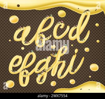 Selbstgemachtes Eis-Typografie-Alphabet. Kalte Süßigkeiten ABC. Essbare Buchstaben. Dessertbeschriftung. Eingefrorener Typ. Vektor-Handbeschriftung für süße Lebensmittelverpackung Stock Vektor