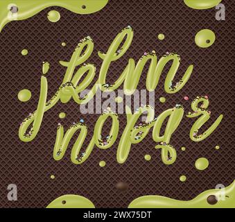 Selbstgemachtes Pistazieneis-Typografie-Alphabet isoliert auf Schokoladenwafer-Hintergrund. Kalte Süßigkeiten ABC. Essbare Buchstaben. Dessertbeschriftung. Gefrorene Ty Stock Vektor