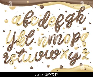 Selbstgemachtes Eis-Typografie-Alphabet. Kalte Süßigkeiten ABC. Essbare Buchstaben. Dessertbeschriftung. Eingefrorener Typ. Vektor-Handbeschriftung für süße Lebensmittelverpackung Stock Vektor