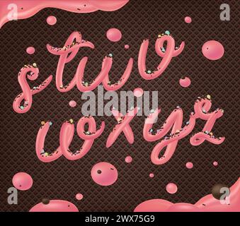 Selbstgemachtes Eis-Typografie-Alphabet. Kalte Süßigkeiten ABC. Essbare Buchstaben. Dessertbeschriftung. Eingefrorener Typ. Vektor-Handbeschriftung für süße Lebensmittelverpackung Stock Vektor