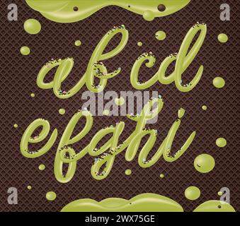 Selbstgemachtes Pistazieneis-Typografie-Alphabet isoliert auf Schokoladenwafer-Hintergrund. Kalte Süßigkeiten ABC. Essbare Buchstaben. Dessertbeschriftung. Gefrorene Ty Stock Vektor