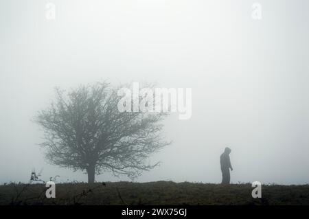 Eine geheimnisvolle Kapuzenfigur. Silhouette auf einem Hügel an einem gruseligen, unheimlichen Nebeltag. Im Winter auf dem Land. Stockfoto