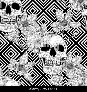 Nahtloses Muster mit Schädel und Magnolienblume im Hintergrund. Romantische Illustration. Vektorabbildung. Stock Vektor