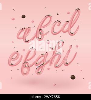 Selbstgemachtes Eis-Typografie-Alphabet. Kalte Süßigkeiten ABC. Essbare Buchstaben. Dessertbeschriftung. Eingefrorener Typ. Vektor-Handbeschriftung für süße Lebensmittelverpackung Stock Vektor