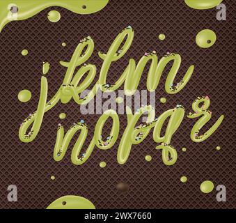 Selbstgemachtes Pistazieneis-Typografie-Alphabet isoliert auf Schokoladenwafer-Hintergrund. Kalte Süßigkeiten ABC. Essbare Buchstaben. Dessertbeschriftung. Gefrorene Ty Stock Vektor