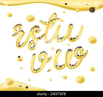 Selbstgemachtes Eis-Typografie-Alphabet. Kalte Süßigkeiten ABC. Essbare Buchstaben. Dessertbeschriftung. Eingefrorener Typ. Vektor-Handbeschriftung für süße Lebensmittelverpackung Stock Vektor