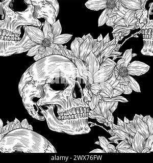 Nahtloses Muster mit Schädel und Magnolienblume im Hintergrund. Romantische Illustration. Vektorabbildung. Stock Vektor