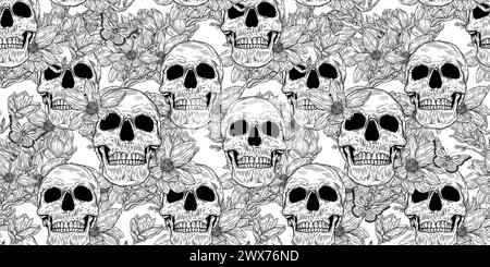 Nahtloses Muster mit Schädel und Magnolienblume im Hintergrund. Romantische Illustration. Vektorabbildung. Stock Vektor