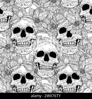 Nahtloses Muster mit Schädel und Magnolienblume im Hintergrund. Romantische Illustration. Vektorabbildung. Stock Vektor
