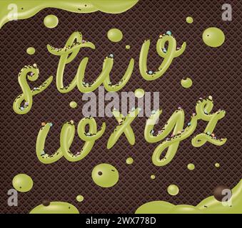 Selbstgemachtes Pistazieneis-Typografie-Alphabet isoliert auf Schokoladenwafer-Hintergrund. Kalte Süßigkeiten ABC. Essbare Buchstaben. Dessertbeschriftung. Gefrorene Ty Stock Vektor