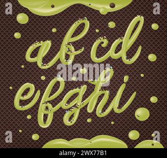 Selbstgemachtes Pistazieneis-Typografie-Alphabet isoliert auf Schokoladenwafer-Hintergrund. Kalte Süßigkeiten ABC. Essbare Buchstaben. Dessertbeschriftung. Gefrorene Ty Stock Vektor