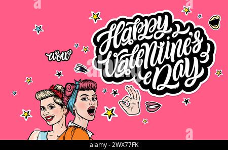 Happy Valentines Day Hand gezeichnetes Typografie-Schild mit lustigen Aufklebern. Valentinstag-Typografie für Grußkarten, Poster, Banner. Farbenfroher Vektor Stock Vektor