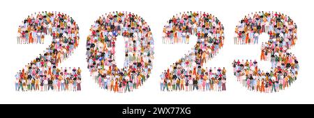 Eine große Gruppe von Menschen bildet die Zahl 2023 oder zweitausenddreiundzwanzig. Illustration des flachen Vektors auf weißem Hintergrund isoliert. Stockfoto