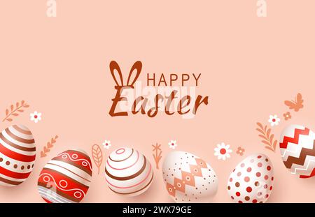 Osterferien, Hase mit einem Korb mit Ostereiern, Osterhase und Eiern. Vektor Stock Vektor