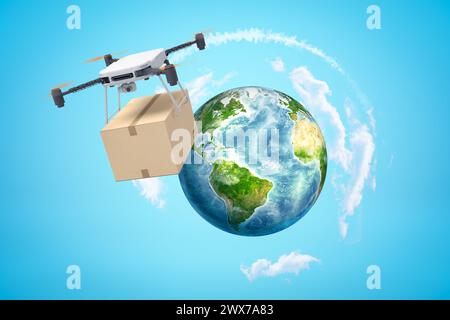 3D-Rendering einer Kameradrohne mit Pappkarton Stockfoto