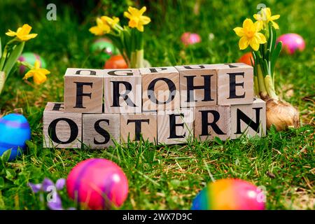 Augsburg, Bayern, Deutschland - 28. März 2024: Happy Easter Greeting geschrieben mit hölzernen Buchstabenwürfeln auf einer grünen Wiese mit Narzissen und bunten Ostereiern. Gruß zu Ostern. *** Frohe Ostern Gruß schreibt mit Buchstabenwürfeln aus Holz in einer grünen Wiese mit Narzissen und bunten Ostereiern. Gruß zu Ostern. Stockfoto