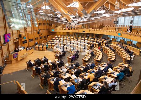 Edinburgh, Großbritannien. März 2024. Edinburgh, Schottland, Großbritannien. 28. März 2024Schaubild: Szenen im schottischen Parlament während der letzten wöchentlichen Sitzung der First Minister Questions vor der Osterpause und nur wenige Tage bevor das Gesetz über Hassverbrechen in Schottland zum Gesetz wird. Credit: Colin D Fisher Credit: Colin Fisher/Alamy Live News Stockfoto