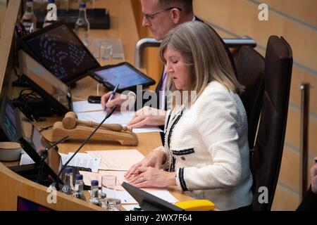 Edinburgh, Großbritannien. März 2024. Edinburgh, Schottland, Großbritannien. 28. März 2024Schaubild: Szenen im schottischen Parlament während der letzten wöchentlichen Sitzung der First Minister Questions vor der Osterpause und nur wenige Tage bevor das Gesetz über Hassverbrechen in Schottland zum Gesetz wird. Credit: Colin D Fisher Credit: Colin Fisher/Alamy Live News Stockfoto