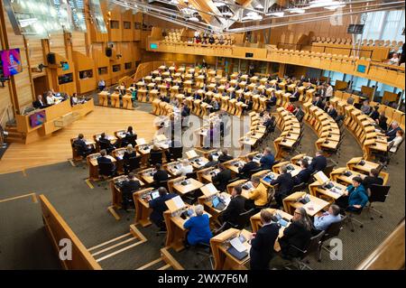 Edinburgh, Großbritannien. März 2024. Edinburgh, Schottland, Großbritannien. 28. März 2024Schaubild: Szenen im schottischen Parlament während der letzten wöchentlichen Sitzung der First Minister Questions vor der Osterpause und nur wenige Tage bevor das Gesetz über Hassverbrechen in Schottland zum Gesetz wird. Credit: Colin D Fisher Credit: Colin Fisher/Alamy Live News Stockfoto