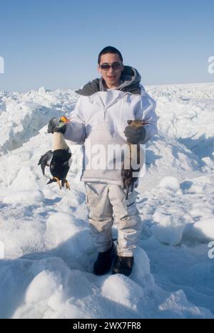 Inupiaq-Mann steht mit seinem Lebensunterhalt-König-Eider, Somateria spectabilis, Entenfang, draußen auf dem Packeis während der Frühlingswanderung Chukchi S Stockfoto