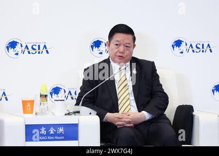 Boao, die chinesische Provinz Hainan. März 2024. ASEAN-Generalsekretär Kao Kim Hourn spricht bei einer Podiumsdiskussion zum Thema "Asien: Ein Epizentrum des Wachstums aufbauen" während der Jahreskonferenz des Boao Forum for Asia (BFA) 2024 in Boao, südchinesischer Provinz Hainan, 28. März 2024. Quelle: Zhang Liyun/Xinhua/Alamy Live News Stockfoto