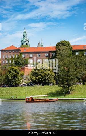 Frühling, Blick auf das Schloss Wawel am Ufer der Weichsel in Krakau, Polen, Touristenwanderungen in Krakau Stockfoto