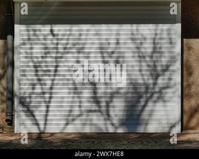 Silhouettensymmetrie. Schattenbaumzweige an der weißen Garagentür. Stockfoto