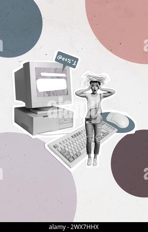 Collage Artwork Bild von besorgten nervösen gestressten Mädchen Hand Touch Kopf omg Software System Fehler Panik isoliert auf Zeichnung Hintergrund Stockfoto