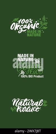 Bio-Produkt, hergestellt in der Natur und lokal angebaute vegane Logos und Elemente Sammlung für Lebensmittelmarkt, E-Commerce, Produktförderung, gesundes Leben Stock Vektor